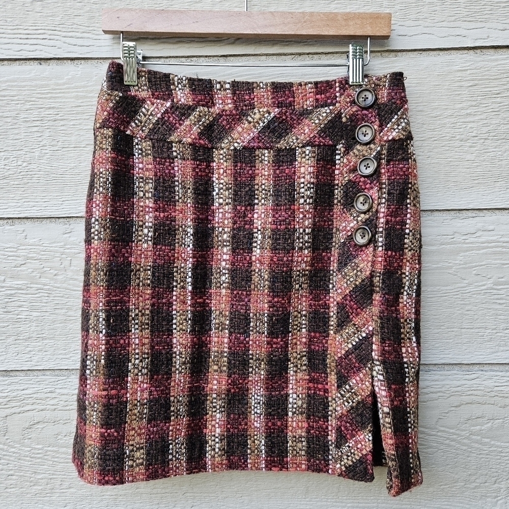 LOFT Petites brown and pink plaid tweed skirt with asymmetric buttons 6P